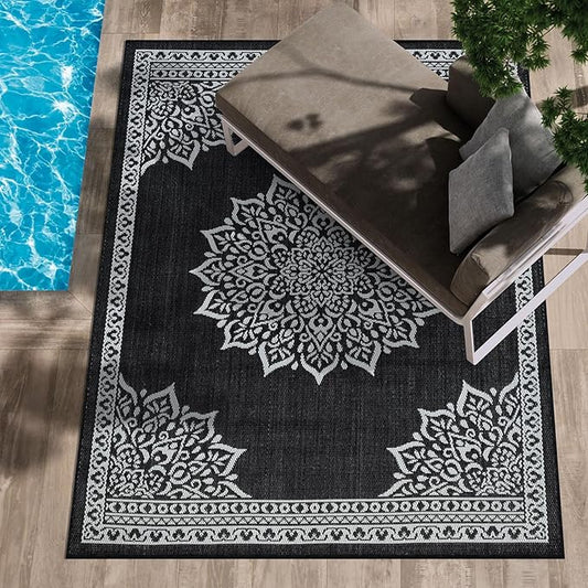 CAMILSON Outdoor Rug, 5x7 Medallion Black White Modern Area Rugs for Indoor and Outdoor Patios, Kitchen and Hallway Mats, Washable Porch Deck Outside Carpet (Medallion Black, 5 x 7)