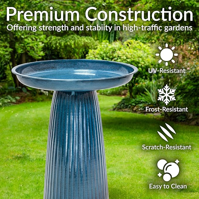 Sunnydaze Gleeful Garden Metal Bird Bath for Outdoors - Large Decorative Iron Birdbath - 23-Inch - Blue Glaze