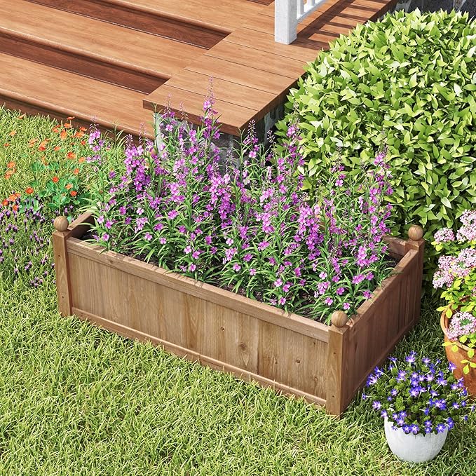 HAPPYGRILL Wood Raised Garden Bed, 46” x 24” x 16” Rectangular Flower Box w/Drainage Holes for Growing Vegetables, Flowers, Herbs, Outdoor Planter Box for Backyard Garden Lawn