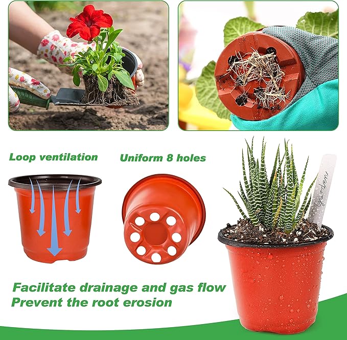 TDHDIKE 4" Small Plastic Plant Pots with 200 Red Seed Starting Pots for Indoor and Outdoor Planting