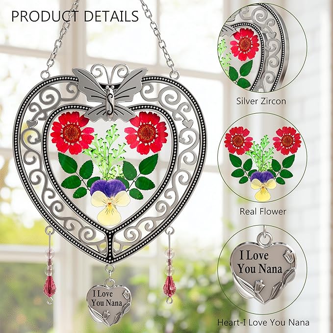 KY&BOSAM Heart Suncatchers I Love You Nana Tree of Life Stained Glass Panels Hangings for Windows Wind Chime Home Garden Outside Decor with Pressed Real Flower Heart in Glass Birthday Gifts for Women