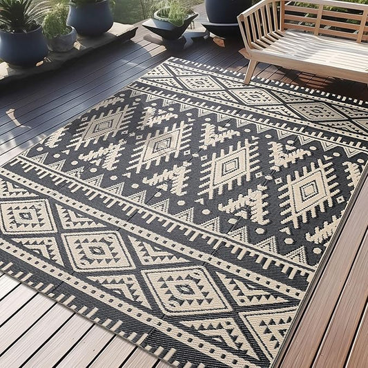 OLANLY Outdoor Rug Waterproof 5x8 ft, Reversible Outdoor Plastic Straw Rug, Boho Patio Rug, Indoor Outdoor Carpet, RV Mat Outside for Patio, Camp, Picnic, Balcony, Deck, Backyard, Black & Beige