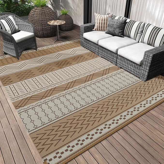 Outdoor Rug Carpet Waterproof 8x10 ft Patio Rug Mat Indoor Outdoor Area Rug for RV Camping Picnic Reversible Lightweight Plastic Straw Outside Rug for Patio Decor Decoration Boho Rug Brown Beige