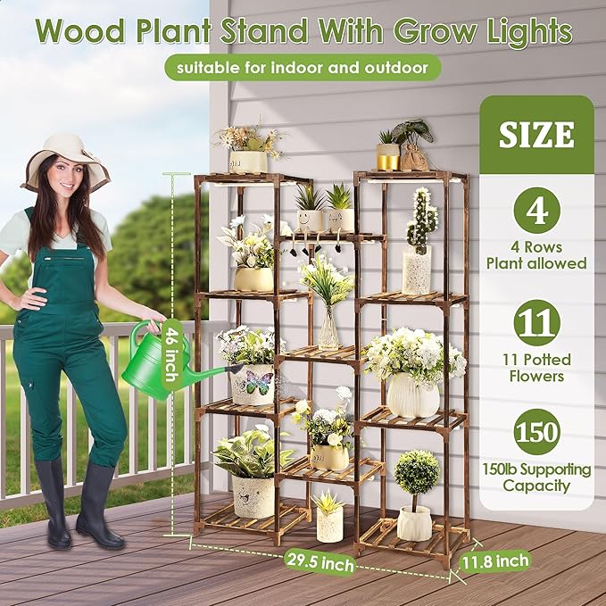 Plant Stand with Grow Lights Indoor, 11 Tiers Shape Plant Shelf with Light Full Spectrum Led Grow Light, Timer Function and Brightness Adjustment, Wood Plant Stand Indoor for Corner Living Room