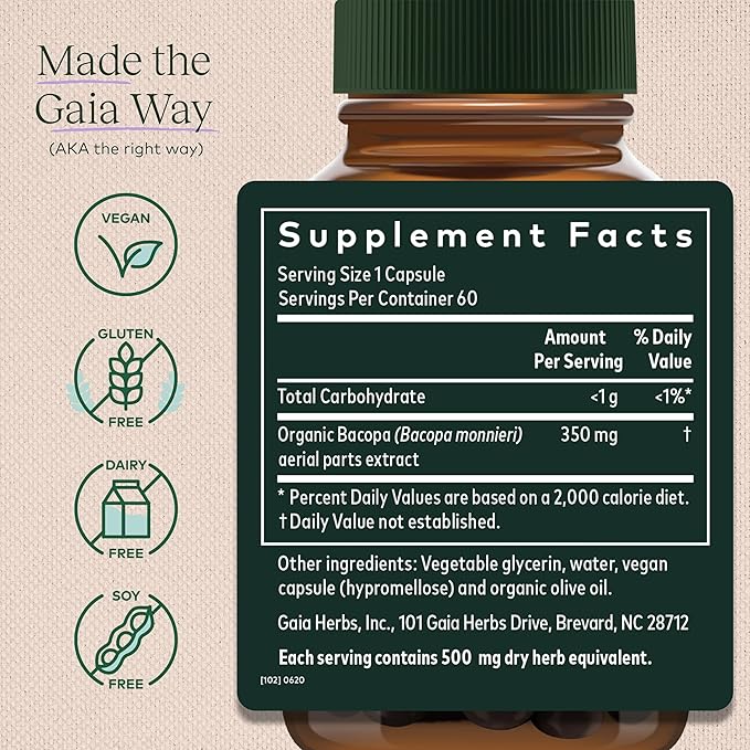 Gaia Herbs Bacopa 60 Vegan 60-Day Supply)