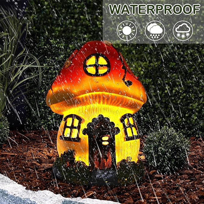 Attivolife Mushroom Fairy House Solar Light, Outdoor Home Garden Resin Statue Flickering LED Lamp, Lawn Porch Patio Yard Backyard Plant Decoration, Unique Gift for Women Mom Housewarming Birthday