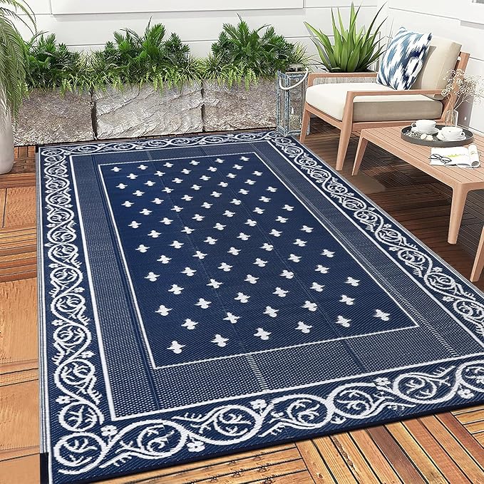 Pauwer Waterproof Outdoor Rug 8x10, Reversible Plastic Straw Patio Camping Rug, Indoor Outdoor RV Mat Carpet for Deck, Camper, Porch, Balcony, Backyard, Picnic, Bordered Navy