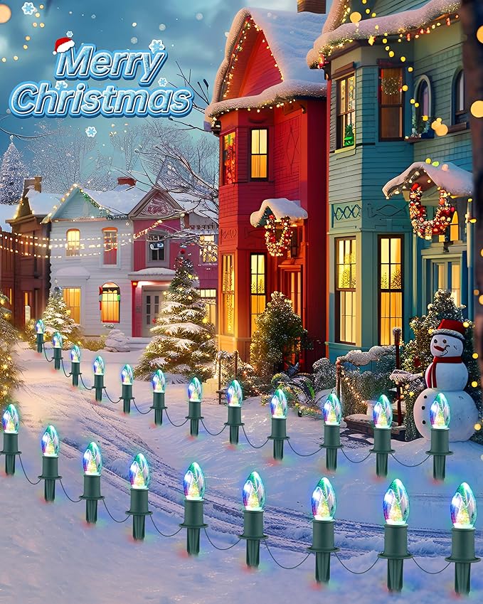 VCOKEN Christmas Pathway Lights Outdoor, 24.5FT Connectable C9 Christmas Lights with 20 LED and Stakes, Multicolored Waterproof C9 Christmas Walkway Lights Outdoor Decorations for Lawn Yard Sidewalk