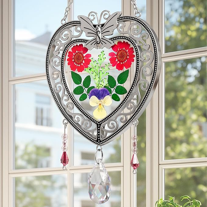 KY&BOSAM Heart Suncatcher Crystal Tree of Life Stained Glass Panles Real Flower Hangings for Windows Home Garden Outside Wind Chime Decor Birthday Gifts for Women Mother`s Day Christmas Ornament