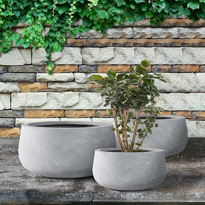 Kante 19.6",15.7",11.8" Dia Round Concrete Planters Set of 3, Cement Plant Pots with Drainage Hole and Rubber Plug for Outdoor Indoor Garden Home, Modern Curvaceous Design, Gray