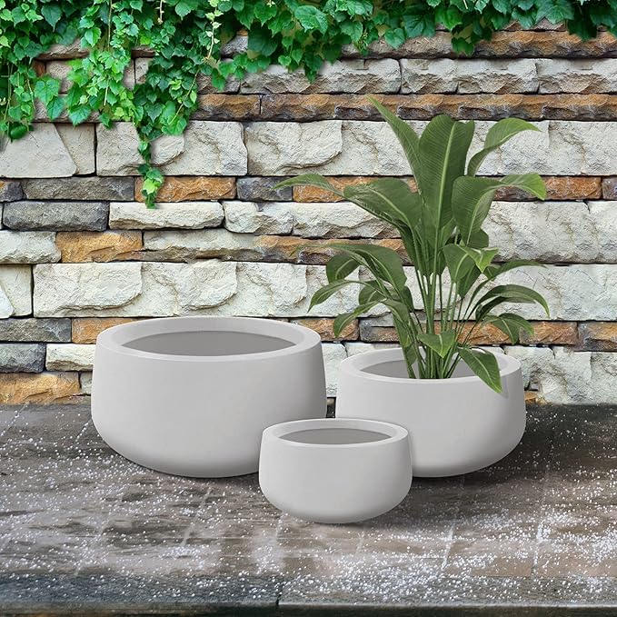Kante 19.6",15.7",11.8" Dia Round Concrete Planters Set of 3, Outdoor Indoor Garden Plant Pots with Drainage Hole and Rubber Plug, Modern Curvaceous Design, Pure White