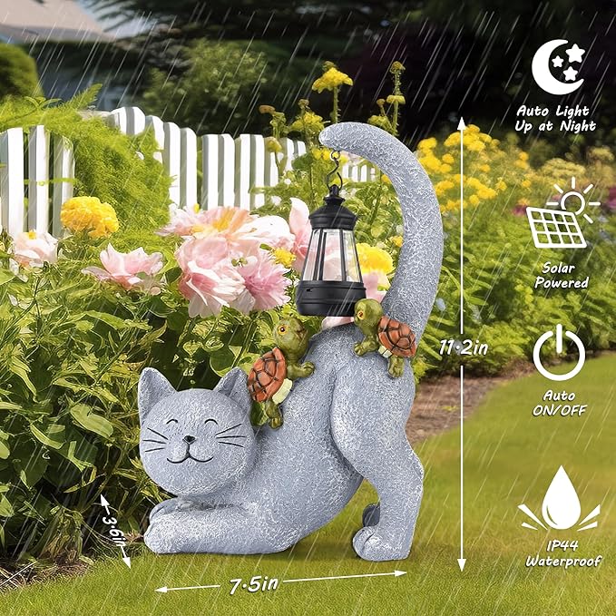 Solar Garden Decor Cat Figurine-Cat Outdoor Statue with Solar Lantern, Loving Turtle Garden Decor for Outside Patio,Porch,Yard, Backyard-Unique Housewarming Gifts for Mom Grandma Women