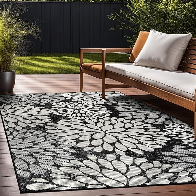 Beverly Rug Outdoor Rug 9x12 Modern Exotic Tropical Leaf Area Rugs for Indoor and Outdoor Patio Deck Porch Garden Water Resistant Washable Outside Carpet (9 x 12 Dark Gray)
