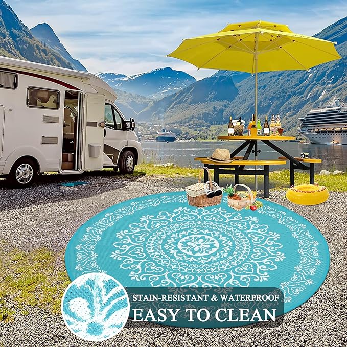 Pauwer Waterproof Outdoor Rug 6ft, Reversible Plastic Straw Patio Camping Rug, Indoor Outdoor RV Mat Carpet for Deck, Camper, Porch, Balcony, Backyard, Picnic, Floral Teal