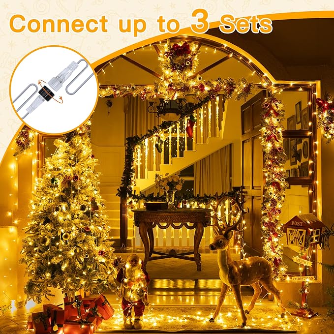 Ollny String Lights Indoor 200LED 60FT, Warm White Connectable Plug in LED Outdoor Light, 8 Modes Waterproof Timer Christmas Lights for Outside Bedroom House Party Wedding Camping