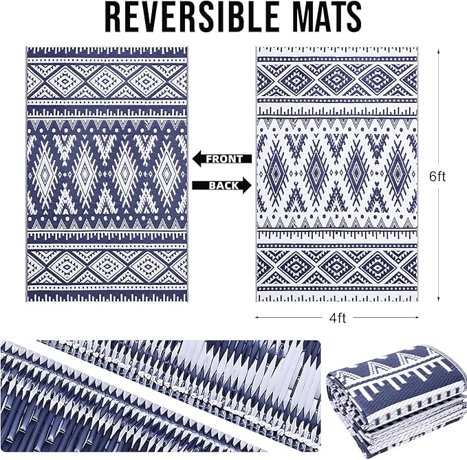 OLANLY Outdoor Rug Waterproof 4x6 ft, Reversible Outdoor Plastic Straw Rug, Boho Patio Rug, Indoor Outdoor Carpet, RV Mat Outside for Patio, Camp, Picnic, Balcony, Deck, Backyard, Navy & White