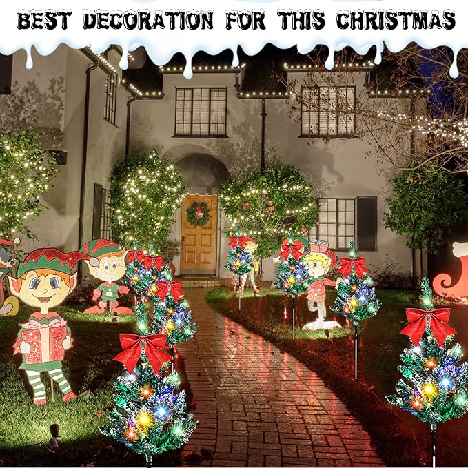 VIHOSE 8 Pcs Solar Christmas Trees Garden Stake Lights Outdoor Xmas Pathway Lights with Decorative Bows Solar Powered Pre-lit Christmas Tree Decor for Outdoor Winter Garden Patio