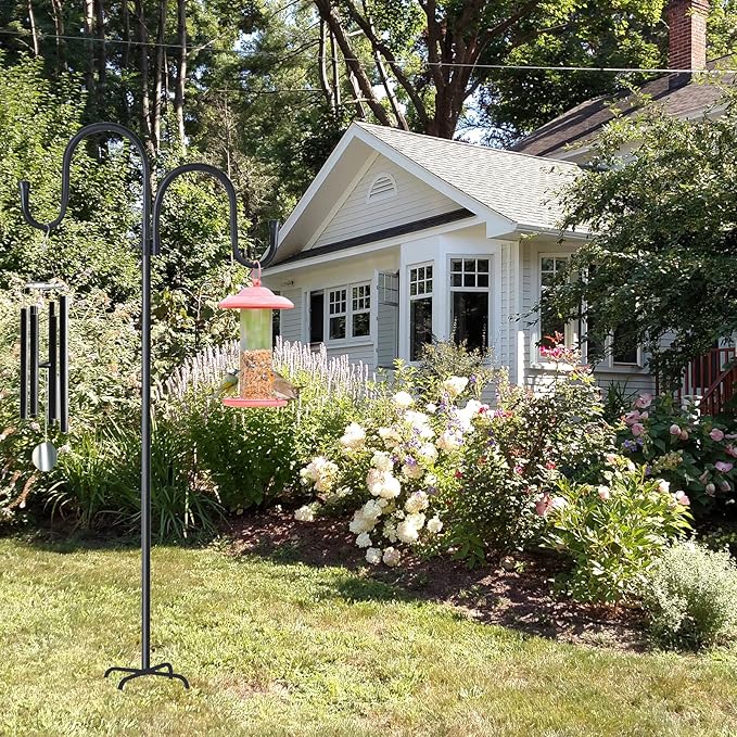 Double Shepherds Hook for Outdoor,94 Inch Bird Feeder Pole with 5 Prongs Base,Adjustable Heavy Duty Garden Hanging Holder for Hanging Plant,Solar Light,Weddings Decor,Hummingbird Feeder（1 Pack）