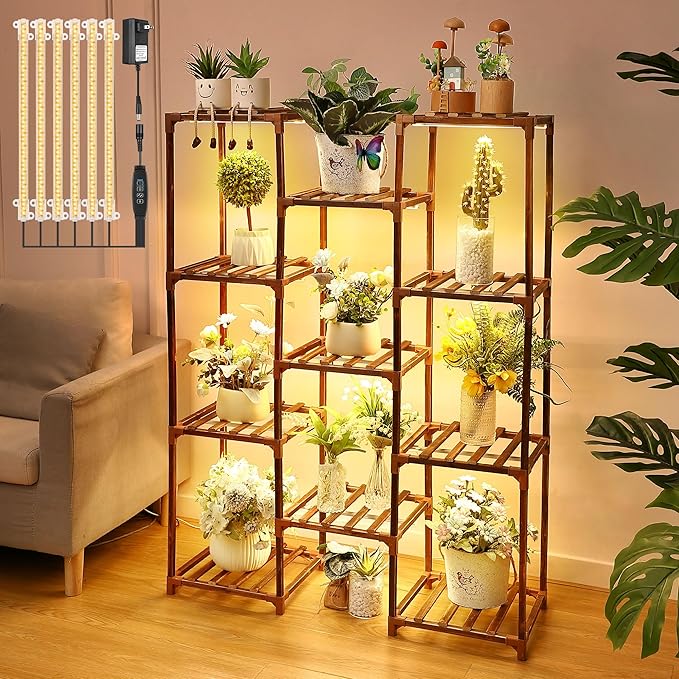 Plant Stand with Grow Lights Indoor, 11 Tiers Shape Plant Shelf with Light Full Spectrum Led Grow Light, Timer Function and Brightness Adjustment, Wood Plant Stand Indoor for Corner Living Room