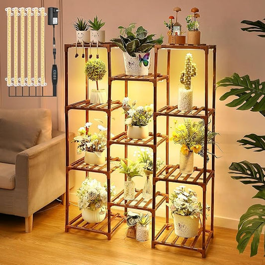 Plant Stand with Grow Lights Indoor, 11 Tiers Shape Plant Shelf with Light Full Spectrum Led Grow Light, Timer Function and Brightness Adjustment, Wood Plant Stand Indoor for Corner Living Room