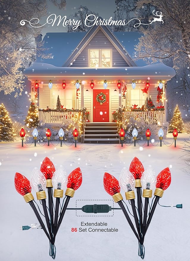 Moonflor Strawberry Jumbo C9 Christmas Pathway Lights Outdoor - 8.5FT 5 LED C9 Walkway Lights Outdoor, Christmas Decoration Outside, Christmas Lights Outdoor for Lawn Holiday Yard, Red & Pure White