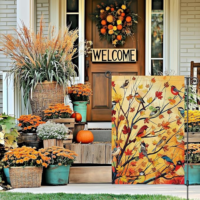 Louise Maelys Welcome Fall Garden Flag 12x18 Double Sided, Small Burlap Autumn Maple Tree Birds Thanksgiving Outside Outdoor House Yard Decor