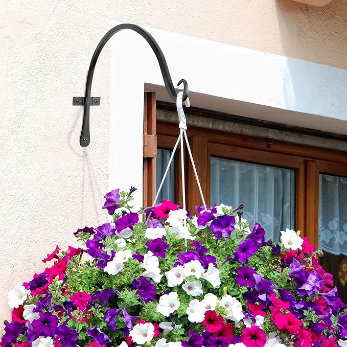 Worth Garden 6-Pack 14" Plant Hanger Bracket - Hand-Forged Wrought Iron Powder-Coated Heavy Duty Wall Hooks - Black Curved Plant Hanging Hooks for Bird Feeders, Flower Baskets, Indoor & Outdoor Use