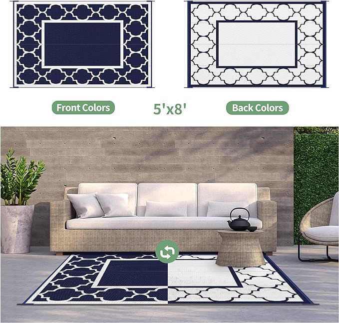 GENIMO 5' x 8' Outdoor Rug Waterproof for Patio Decor, Foldable Reversible Plastic Straw Area Rugs Mat for Camper, Outside Carpet for Rv, Deck, Porch, Picnic, Beach, Balcony, Blue & White