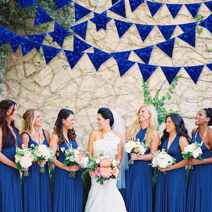 pinkblume Royal Blue Decorations Double Sided Sequin Navy Blue Fabric Triangle Pennant Banner Flag Bunting Garland for Blue Nautical Ahoy Achor Theme Nursery Classroom Home Bedroom Wall Decor