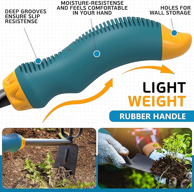 Gardening Tools Set from Alloy Steel - Heavy Duty Garden Tool Set with Light & Rubber Non-Slip Handle - Gardening Tool Kit - Ergonomic Garden Hand Tools - Gardening Gifts for Men and Women