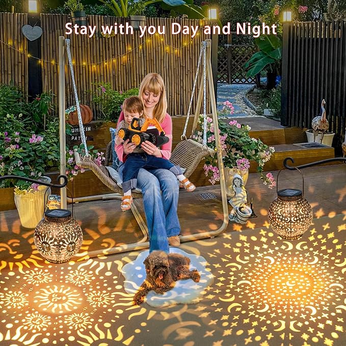 Go2garden Outdoor Solar Lanterns Waterproof Garden Gifts Women Yard Decorations Metal Moon Sun Hanging Solar Lights for Patio, Balcony, Tabletop,Birthday Mothers Day Gifts for Mom (Bronze,2Pack)