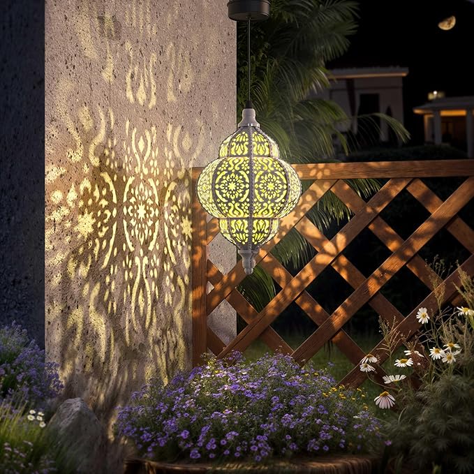 Hanging Solar Lights Outdoor Garden Decor Solar Lantern Waterproof Plastic Moroccan Outdoor Decorations for Patio Pathway Yard Backyard Garden Decorative (1, White)
