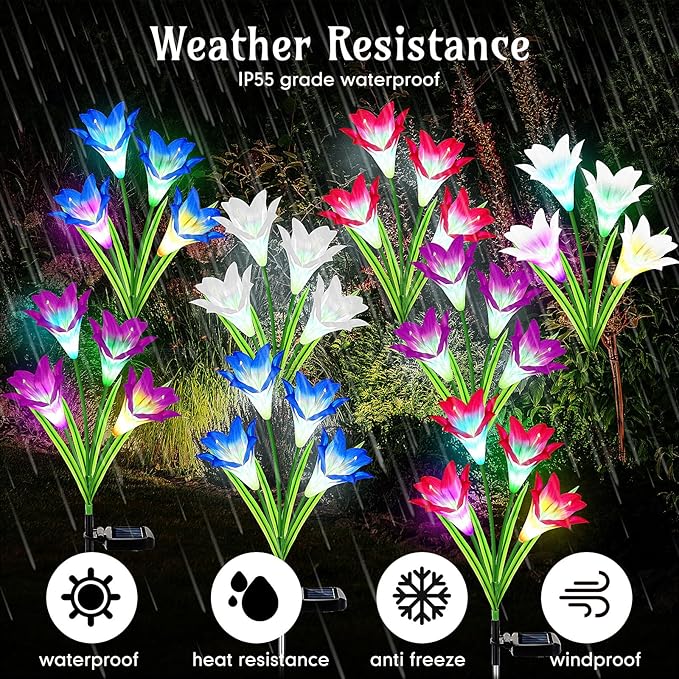 Retisee 8 Pcs Solar Lights Outdoor Solar Flower Lights with 32 Lily Flowers Waterproof Color Changing Outdoor Lights Solar Powered Lily Flower Lights for Patio Yard Garden Decoration