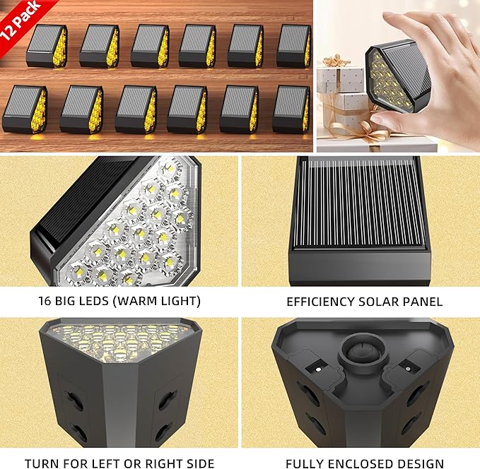 12-Pack Solar Step Lights, Solar Powered Outdoor Waterproof IP67, Auto On Off, Dusk to Dawn LED Stair Lights for Outside Garden, Deck, Front Step, Front Porch, Pathway, Patio