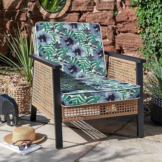 LVTXIII Patio Chair Cushions 22"x22"x3", Water-Repellent Outdoor Seat Cushions for Patio Furniture, Square Chair Pads with Ties for Home Garden Decoration, Set of 2, Blue Salmone Tropical