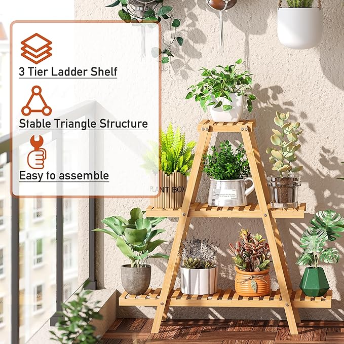 Plant Stand Indoor Plant Shelf Outdoor bamboo Plant Rack, 3 Tiers Ladder Plant Holder Flower Stand for Living Room Balcony Garden Patio,Living Room Boho Home Decor for Gardening Gifts (Natural)