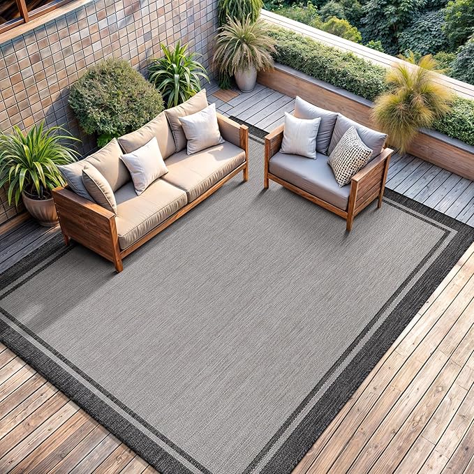 CAMILSON Indoor Outdoor Rug, 6x9 Bordered Gray Modern Area Rugs for Indoor and Outdoor Patios, Kitchen and Hallway Mats, Washable Porch Deck Outside Carpet (Bordered Grey, 6 x 9)