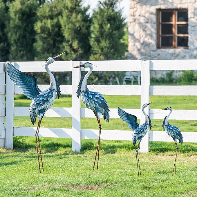 TERESA'S COLLECTIONS Garden Decor Blue Heron Yard Art,22.8-25" Large Metal Cranes Sculptures & Statues Decoy for Outdoor Indoor Decorations, Outside Patio, Pool, Lawn, Set of 2, Spring,Gift for Mom
