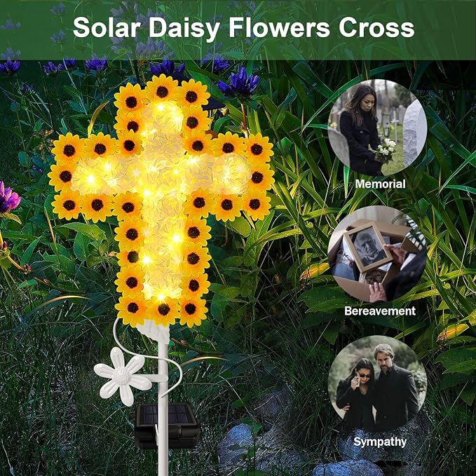 YJFWAL 2 Pack Solar Daisy Cross Garden Stake Lights, Yard Solar Lights Cemetery Decorations for Grave Outdoor Light Jesus Cross Sympathy Memorial Gifts for Grandmother, for Garden Yard Lawn Pathway