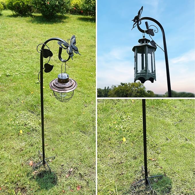 Shepherds Hooks for Outdoor Hummingbird Bird Feeder Pole Hanger 67 Inches with 5 Prongs Base Stainless Metal Adjustable Garden Hanging Holder Weddings Garden Decor Butterfly 2-Pack Black