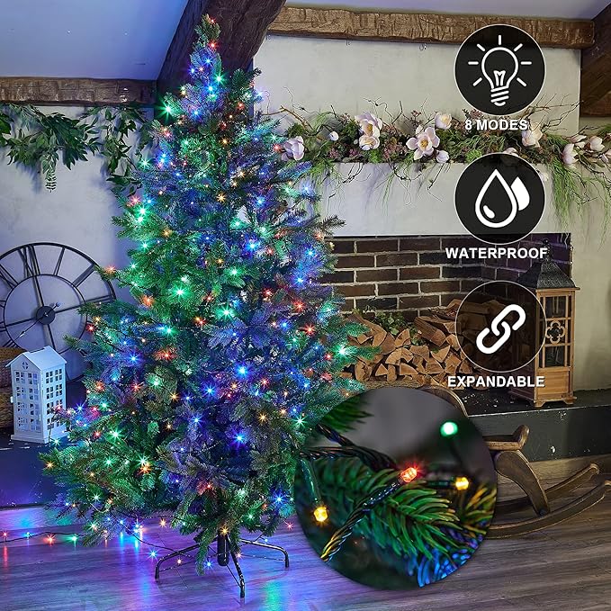 weillsnow 66 FT 200 LED Christmas Lights, Plug in Connectable Green Wire Fairy Lights with 8 Twinkle Modes, Outdoor Waterproof Christmas Lights for Garden Patio Wedding Decorations (Multicolored)