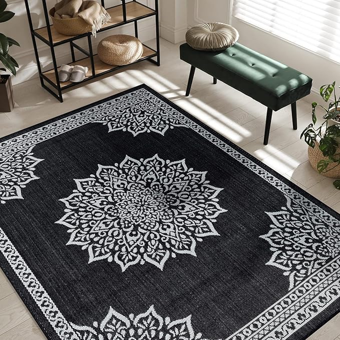CAMILSON Outdoor Rug, 8x10 Medallion Black White Modern Area Rugs for Indoor and Outdoor Patios, Kitchen and Hallway Mats, Washable Porch Deck Outside Carpet (Medallion Black, 8 x 10)