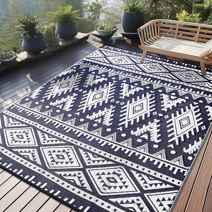 OLANLY Outdoor Rug Waterproof 9x18 ft, Reversible Outdoor Plastic Straw Rug, Boho Patio Rug, Indoor Outdoor Carpet, RV Mat Outside for Patio, Camp, Picnic, Balcony, Deck, Backyard, Navy & White