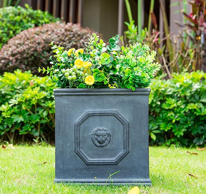 Kante Square Lion Head Concrete Planter, Classic English Style Plant Pot with Drainage Hole and Rubber Plug for Indoor Outdoor Garden Patio Home, 12.6"x12.6"x12.6" Antique Gray