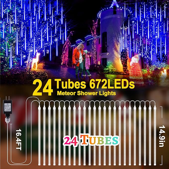 KNONEW Meteor Shower Lights 15 Inch 24 Tubes 672 LED Christmas String Plug-in Outdoor Waterproof Falling Rain for Wedding Party Garden Holiday Tree Decorations (Blue)