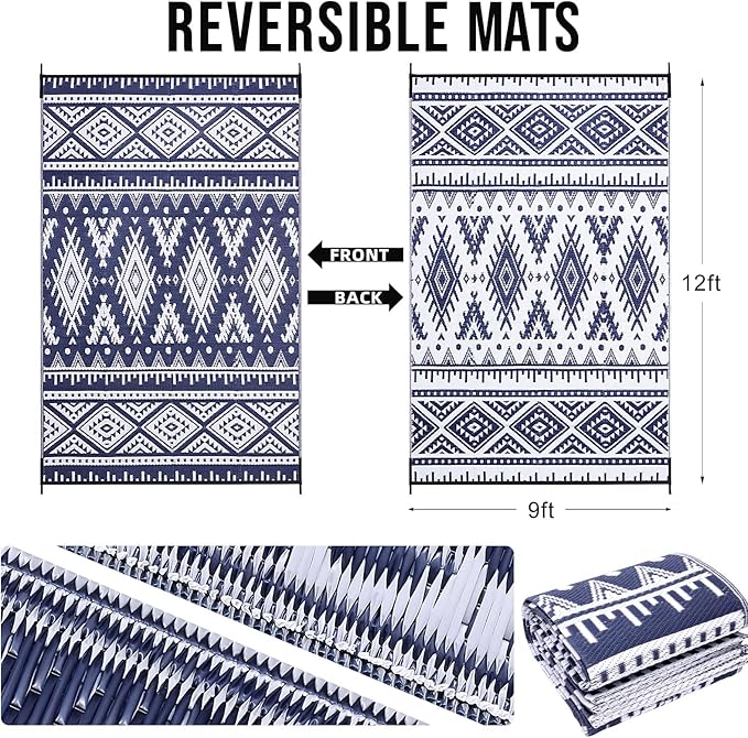 OLANLY Outdoor Rug Waterproof 9x12 ft, Reversible Outdoor Plastic Straw Rug, Boho Patio Rug, Indoor Outdoor Carpet, RV Mat Outside for Patio, Camp, Picnic, Balcony, Deck, Backyard, Navy & White
