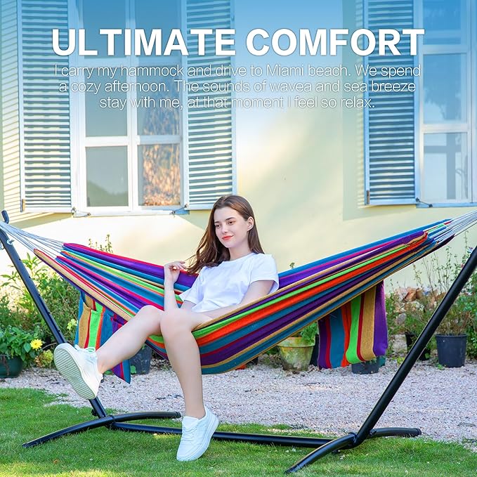 PNAEUT Double Hammocks with Stand for Outside, Portable Space Saving Heavy-Duty Steel Stand for Indoor Outdoor Patio with Carrying Bag, 450 lbs Capacity (Tropical)