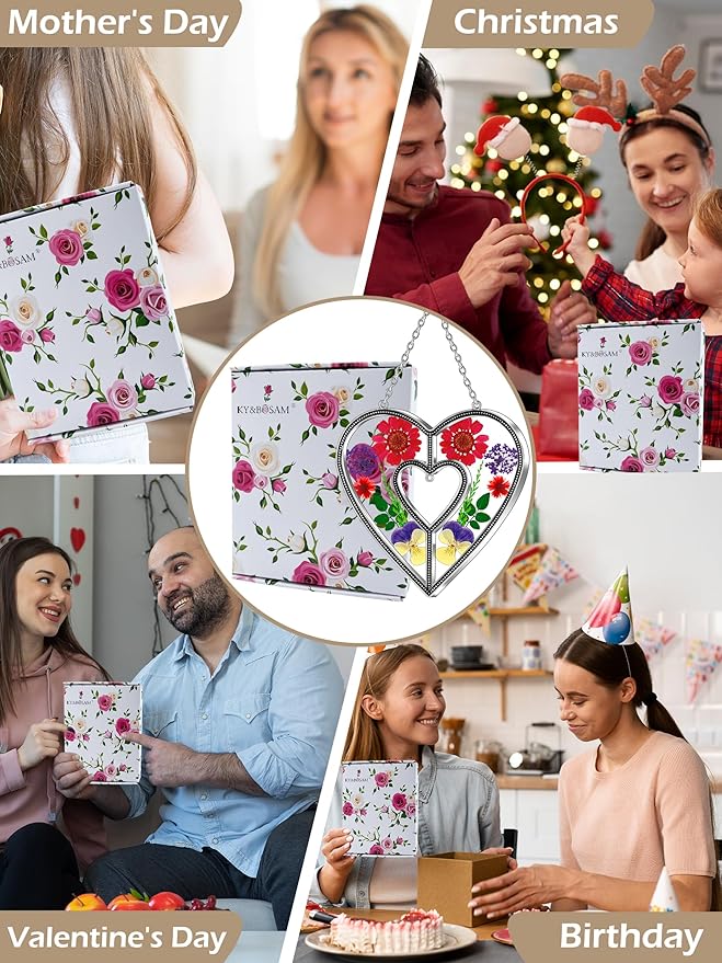 KY&BOSAM Heart Suncatchers DIY Stained Glass Hangings for Windows Wind Chimes Home Gardner Decor with Pressed Real Flowers Heart No Charm Birthday Gifts for Women Mother`s Day Christmas Ornamets