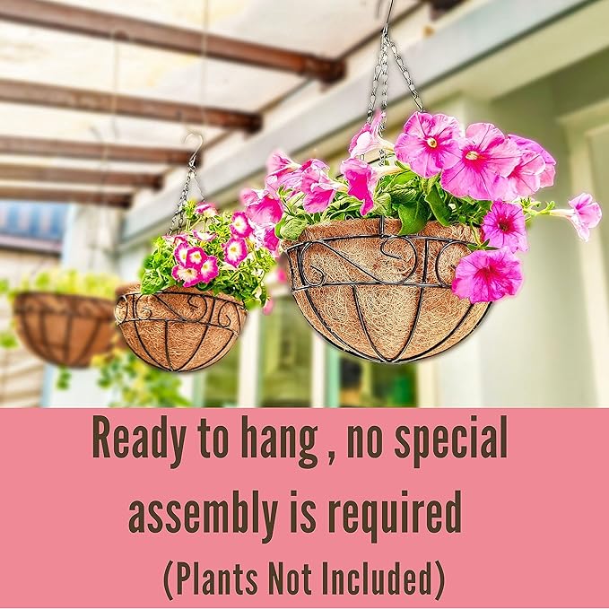 LaLaGreen Hanging Planter for Outdoor Plants (2 Pack, 10 Inch) Hanging Baskets with Coco Liner, Metal Wire Flower Basket Pots with Hook Hanger Balcony Porch Farmhouse Country Style Garden Decor