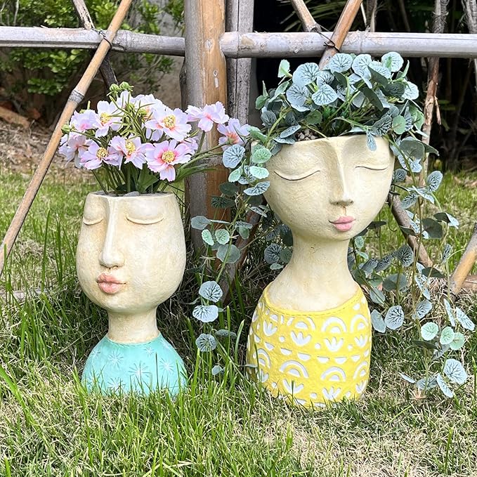 DiliComing Head Planter Face Planter Pots - 8 Inch Indoor Flower Planter Outdoor Planter Succulent Pot Girl Resin Planter with Drainage Hole Planters for Indoor Plants